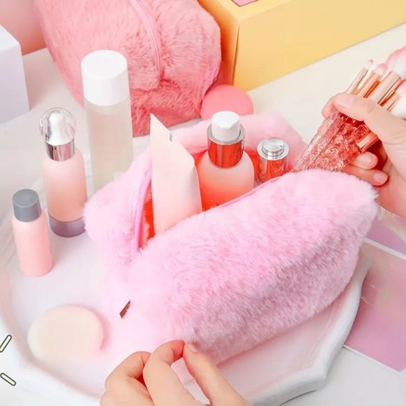 Fuzzy Cosmetic Bag Makeup Travel Organize Clutch Toiletry Pink or White Weekend - Picture 7 of 9